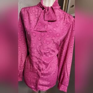 Vintage Leemar Size 18 XL Womens Fushia Hot Pink Bow Blouse Shirt Black